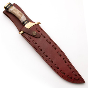 Cuchillo Bowie Hecho a Mano, Hoja de Acero de Damasco, Mango de Cuerno, Refuerzo de Latón, con Funda de Cuero, Cuchillos de Supervivencia. - Product Image 4