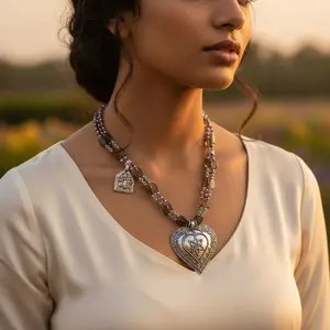 Collar de Perlas de Agua Dulce con Colgante de Corazón, Chapado en Oro y Rodio, Joyería con Piedras Preciosas, Forma/Patrón de Número - Product Image 1