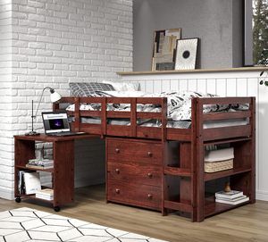 Traditional Style Espresso Solid Wood <b>Twin</b> Loft <b>Bed</b> <b>Frame</b> with Rolling Desk Drawers & Shelves for Kids - Product Image 3