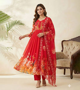 Vestido Largo Anarkali de Estilo Indio Tradicional, Simple y en Oferta, para Mujer, en Faux Georgette con Trabajo Artesanal y Diseño Ecológico - Product Image 1