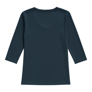 T-shirt pour femme en coton biologique de luxe 100% certifié GOTS, col en V, manches 3/4, bleu marine, pré-rétréci, respirant, classique - Product Image 1