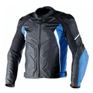 Chaqueta de moto de carreras de cuero genuino negro/azul a la moda para hombre con líneas rojas chaqueta de motocicleta de protección de armadura CE para hombre - Product Image 3