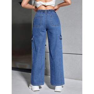 Vaqueros Cargo de Mujer Y2K Elegantes, Ecológicos y Duraderos, de Talle Alto, Azul Oscuro, Elásticos, de Mezclilla, con 6 Bolsillos, de Pierna Recta, Casuales - Product Image 4