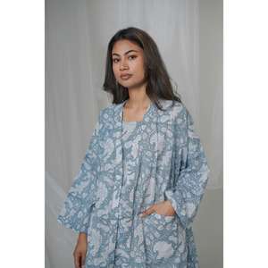 Ensemble coordonné en coton imprimé bleu pour femmes, pantalon large à jambes larges à motifs floraux gothiques, style ethnique décontracté, vêtements de détente - Product Image 4