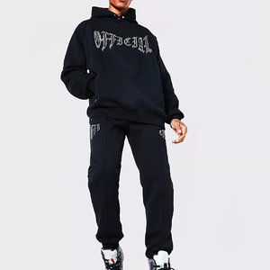 Conjunto Deportivo de Invierno con Capucha, Estampado y Pedrería, Talla Grande, Estilo Urbano, 2 Piezas, 100% Algodón - Product Image 1