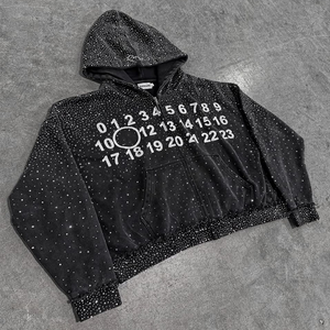 Sudadera con capucha desgastada de algodón grueso sin cuerdas personalizada con diamantes de imitación para hombre - Product Image 1
