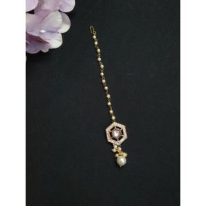 Bijoux en or rose de créateur avec perles Kundan Polki Maang Tikka Pearl - Product Image 2