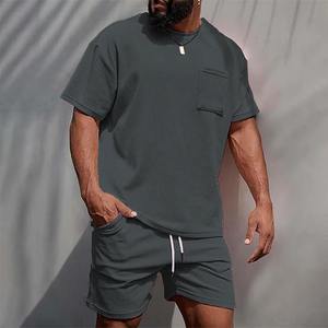 2025 américain lourd couleur unie petit décolleté T-shirt à manches courtes hommes été 425G Shorts Sports et loisirs costume ample - Product Image 3