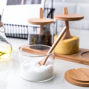 Kitchen <b>small</b> Canister Set with 3pc Glass Spice Jars Food Storage <b>Containers</b> for Sugar Cover Condiments Wooden Spoon - Product Image 3