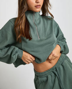 Fait sur mesure 100% coton 300gsm solide brodé dentelle haute rue confortable régulier quart fermeture éclair sweat Baggy Jogger - Product Image 5