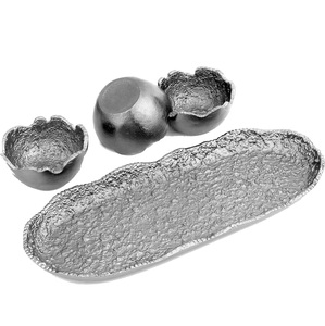 Handcrafted Elegant <b>Silver</b> Metal Platter Bowl Set Unique Floral Accent Modern Centerpiece Premium Handmade Decorative Serving - Product Image 1