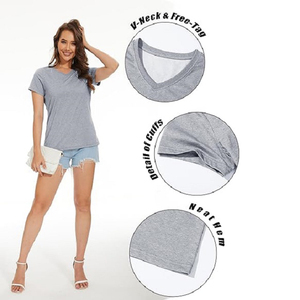 Camiseta promocional de talla grande con cuello en V de manga corta de color gris sólido de 100% algodón con diseño OEM hecho a medida para mujer de Bangladesh - Product Image 5