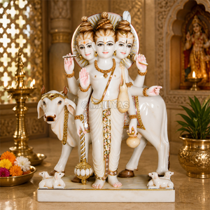 Premium White Marble Dattatreya Statue | Handcrafted Lord Dattatreya Murti with Kamadhenu Cow | MALIYAS Jaipur - Product Image 1