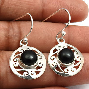 Delicado regalo de cumpleaños para ella, Plata de Ley 925, piedras preciosas de ónix negro Natural, pendientes colgantes de forma redonda, joyería hecha a mano India - Product Image 4