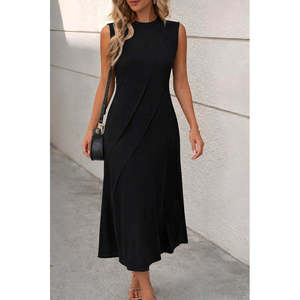 Vestido Largo de Viscosa para Mujer, Cuello Redondo, Sin Mangas, con Detalle Acanalado en la Parte Delantera, 35906 - Negro - Product Image 1