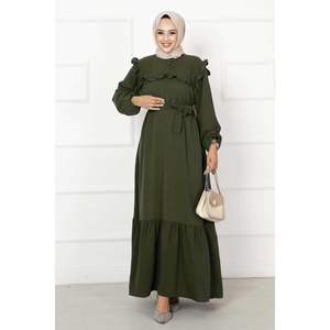 Robe décontractée aérobine kaki demi-boutonnée à volants - Product Image 3