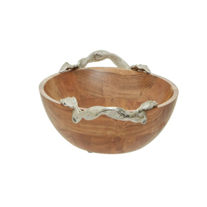 Cuenco de madera para servir a mano de diseño elegante, mango plateado pulido para aperitivos, servicio en casa, precio económico disponible - Product Image 1