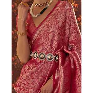 Sari de réception en soie tissée rose exceptionnel avec chemisier pour les mariages - Product Image 1