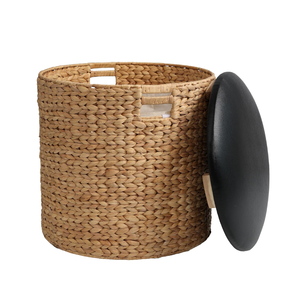 Handwoven Farmhouse Style Water Hyacinth <b>Storage</b> Ottoman <b>with</b> Leather Lid for Living Room, <b>Bedroom</b>, Entryway from Vietnam - Product Image 3