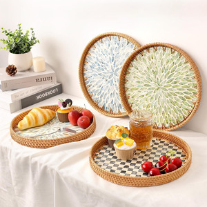 Bandejas tejidas a mano con patrón de mosaico de nácar, bandeja para servir bebidas de desayuno MOP de ratán de primera elección - Product Image 3