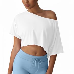 Nouveau style de mode, haut de yoga d'été avec logo imprimé personnalisé, hauts à épaules dénudées, hauts à manches courtes surdimensionnés, t-shirt court - Product Image 3