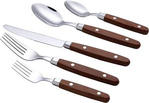 Juego de cubiertos de acero inoxidable de nuevo diseño moderno de 5 piezas con mango de madera manchado de nogal y remaches en las asas - Product Image 3