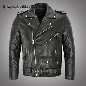 Chaqueta de cuero PU para hombre, abrigo de cuero ajustado a la moda para motocicleta, prendas de vestir para motocicleta con cuello vuelto sólido para hombre, ropa de calle 4XL - Product Image 5