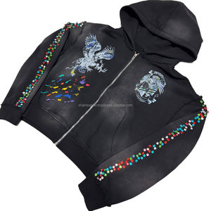 500g DTG impression sweat à capuche surdimensionné pour hommes avec fermeture à glissière à rivets personnalisée et strass de lavage à l'acide sweat à capuche pour hommes - Product Image 2