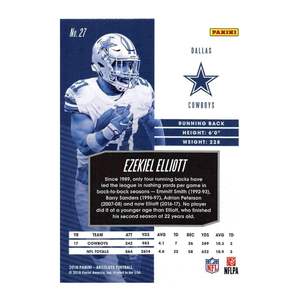 Fútbol Absoluto 2018 # Tarjeta Coleccionable Oficial de la NFL de Ezekiel Elliott de los Dallas Cowboys, Número 27, Fabricada por Panini - Product Image 2