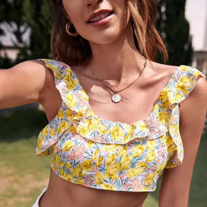 Best Quality 100% Cotton New Design Casual Party Wear Crop <b>Floral</b> Ruffle Trim <b>Tie</b> Back Top for Women's and Girls - Product Image 1