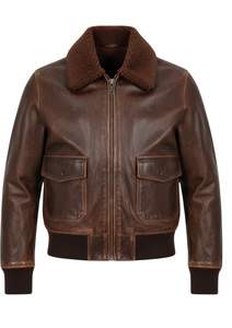 <b>Mens</b> Brown Genuine Leather Bomber <b>Jacket</b> with Shearling Collar Vintage Zip Up Winter Outerwear - Product Image 2