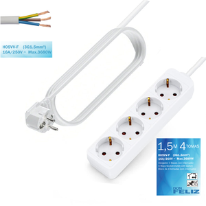 Regulador de extensión de 4 tomas con interruptor 16A/250V 3680W, longitud de 1.5/3/5m, color blanco, fabricado en China, Don Feliz - Product Image 1