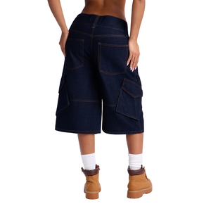 <b>Womens</b> Dark Blue Denim <b>Cargo</b> <b>Shorts</b> Regular Fit Knee Length Utility Pocket Casual Streetwear Summer Fashion Bermuda Washed Woven - Product Image 2