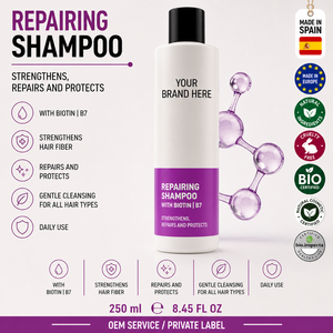 Champú Reparador con Biotina de Marca Privada 250ml OEM |   Champú Reparador para Cabello, Fortalecedor y Voluminizador, para Puntas Abiertas |   España UE - Product Image 1