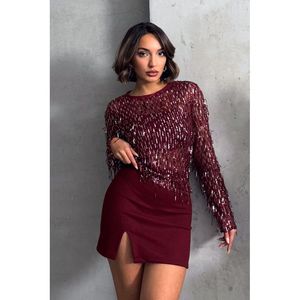 Blusa Elegante con Lentejuelas para Mujer, Marca TOPSHOW, Color Bordeaux Plateado Brillante, Manga Larga, Ideal para Fiestas y Eventos Nocturnos - Product Image 1
