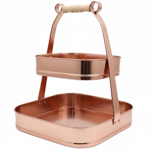 Best Selling 3-Tier Antique Copper Iron Metal Serving Tray Stand With <b>Wooden</b> Handle <b>And</b> <b>Black</b> Poll In Center Round Shape - Product Image 6
