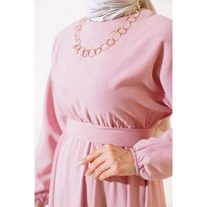 弹力腰亚麻连衣裙粉 - Product Image 3