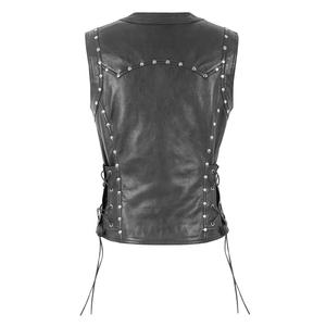 <b>Women's</b> Genuine Sheepskin Leather <b>Waistcoat</b> Studded <b>Black</b> Leather Vest Adjustable Side Laces V-neck Collar Zipper Closure - Product Image 2