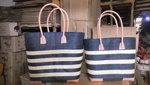 Madagascar Colored Leather Handles Drawstring Closure Striped Sisal <b>Raffia</b> Tote Handbag with Pompoms and Pocket Large Size - Product Image 4