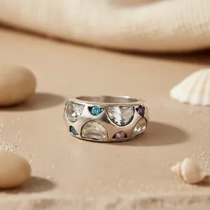 Bague géométrique en argent 925 plaqué avec pierres précieuses et zircon cubique serti clos, style bohème, unisexe, tendance - Product Image 1