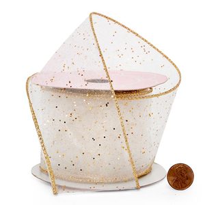 Solid Gold Dots on Sheer Organza <b>Wired</b> <b>Ribbon</b> Metallic Christmas and Birthday Gift <b>Ribbon</b> with Floral Style Spool Included - Product Image 3