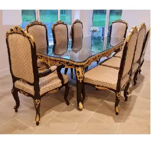 인도 클래식 스타일 손으로 새겨진 식탁 세트 유럽 손으로 새겨진 식탁 의자 로얄 8 인승 식탁 세트