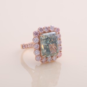 IGI Certified Radiant Cut Green Lab Grown Diamond Double <b>Pink</b> Halo Engagement - Wedding Ring in 9K Rose / White & Yellow Gold - Product Image 5