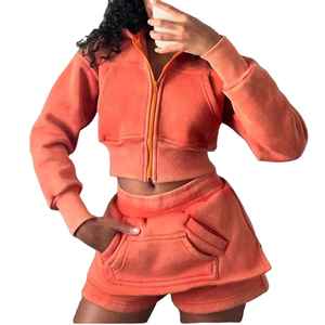 Conjunto de Mujer en Oferta, Shorts y Chaqueta Corta con Cremallera, Estilo Francés, Lavado Desteñido, con Pedrería Personalizada, 100% Algodón - Product Image 4