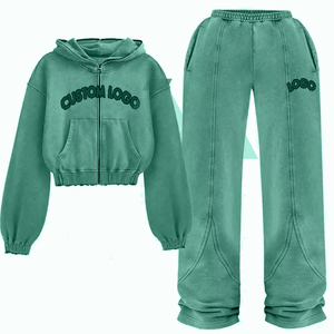 Chándal de mezcla de algodón de alta calidad Logotipo personalizado Puños elásticos Cremallera Parte superior con capucha frontal + Joggers de pierna ancha Chándal recortado - Product Image 5