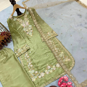 Tung ra mới thiết kế bên mặc cái nhìn ưa thích vải lụa Top PANT và dupatta bộ phù hợp với chức năng truyền thống ăn mặc với công việc - Product Image 1