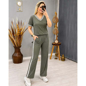 Conjunto de Dos Piezas para Mujer, Blusa de Manga Corta con Cuello en V de Viscosa de Dos Hilos y Pantalones, 37909 - Caqui - Product Image 2