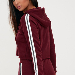 Haut court à manches longues pour femmes avec rayure dame pull à capuche broderie décoration grande taille motif solide - Product Image 3