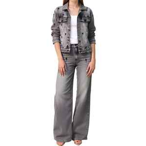 Conjuntos de faldas transpirables con botones de chaqueta vaquera gris con diamantes de imitación vintage personalizados para todas las estaciones, para invierno, Otoño, verano y primavera - Product Image 4