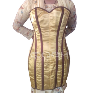 Robe mini dorée sans bretelles avec rayures marron, coupe moulante, vente en gros - Product Image 1